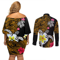 Hawaii Turtle and Tropical Flower Couples Matching Off Shoulder Short Dress and Long Sleeve Button Shirt Polynesian Pattern