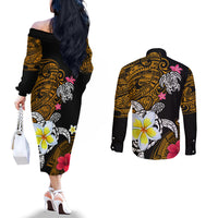 Hawaii Turtle and Tropical Flower Couples Matching Off The Shoulder Long Sleeve Dress and Long Sleeve Button Shirt Polynesian Pattern