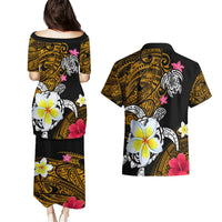 Hawaii Turtle and Tropical Flower Couples Matching Puletasi and Hawaiian Shirt Polynesian Pattern