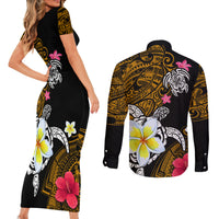 Hawaii Turtle and Tropical Flower Couples Matching Short Sleeve Bodycon Dress and Long Sleeve Button Shirt Polynesian Pattern