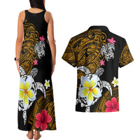 Hawaii Turtle and Tropical Flower Couples Matching Tank Maxi Dress and Hawaiian Shirt Polynesian Pattern