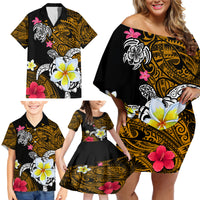 Hawaii Turtle and Tropical Flower Family Matching Off Shoulder Short Dress and Hawaiian Shirt Polynesian Pattern