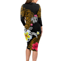 Hawaii Turtle and Tropical Flower Long Sleeve Bodycon Dress Polynesian Pattern