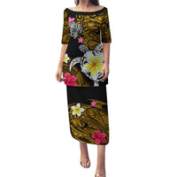 Hawaii Turtle and Tropical Flower Puletasi Polynesian Pattern LT03 Long Dress Black - Polynesian Pride