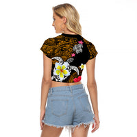 Hawaii Turtle and Tropical Flower Raglan Cropped T Shirt Polynesian Pattern
