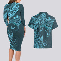 Hawaiian Manta Ray and Polynesian Tribal Tattoo Couples Matching Long Sleeve Bodycon Dress and Hawaiian Shirt Turquoise Color LT03 - Polynesian Pride