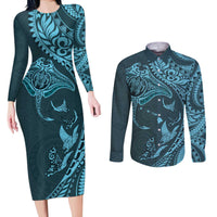 Hawaiian Manta Ray and Polynesian Tribal Tattoo Couples Matching Long Sleeve Bodycon Dress and Long Sleeve Button Shirt Turquoise Color LT03 Turquoise - Polynesian Pride