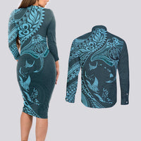 Hawaiian Manta Ray and Polynesian Tribal Tattoo Couples Matching Long Sleeve Bodycon Dress and Long Sleeve Button Shirt Turquoise Color LT03 - Polynesian Pride