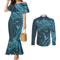 Hawaiian Manta Ray and Polynesian Tribal Tattoo Couples Matching Mermaid Dress and Long Sleeve Button Shirt Turquoise Color LT03 Turquoise - Polynesian Pride