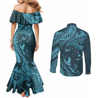 Hawaiian Manta Ray and Polynesian Tribal Tattoo Couples Matching Mermaid Dress and Long Sleeve Button Shirt Turquoise Color LT03 - Polynesian Pride