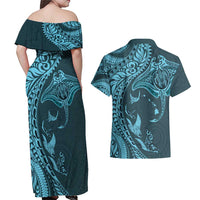 Hawaiian Manta Ray and Polynesian Tribal Tattoo Couples Matching Off Shoulder Maxi Dress and Hawaiian Shirt Turquoise Color LT03 - Polynesian Pride