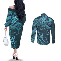 Hawaiian Manta Ray and Polynesian Tribal Tattoo Couples Matching Off The Shoulder Long Sleeve Dress and Long Sleeve Button Shirt Turquoise Color LT03 - Polynesian Pride