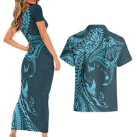 Hawaiian Manta Ray and Polynesian Tribal Tattoo Couples Matching Short Sleeve Bodycon Dress and Hawaiian Shirt Turquoise Color LT03 - Polynesian Pride