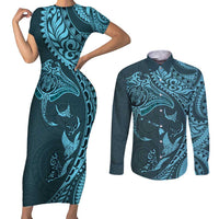 Hawaiian Manta Ray and Polynesian Tribal Tattoo Couples Matching Short Sleeve Bodycon Dress and Long Sleeve Button Shirt Turquoise Color LT03 Turquoise - Polynesian Pride