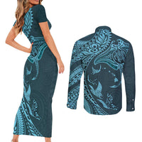 Hawaiian Manta Ray and Polynesian Tribal Tattoo Couples Matching Short Sleeve Bodycon Dress and Long Sleeve Button Shirt Turquoise Color LT03 - Polynesian Pride