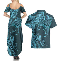 Hawaiian Manta Ray and Polynesian Tribal Tattoo Couples Matching Summer Maxi Dress and Hawaiian Shirt Turquoise Color LT03 - Polynesian Pride