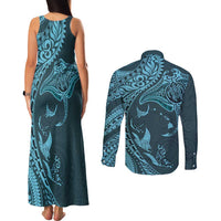 Hawaiian Manta Ray and Polynesian Tribal Tattoo Couples Matching Tank Maxi Dress and Long Sleeve Button Shirt Turquoise Color LT03 - Polynesian Pride