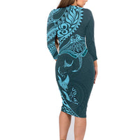 Hawaiian Manta Ray and Polynesian Tribal Tattoo Family Matching Long Sleeve Bodycon Dress and Hawaiian Shirt Turquoise Color LT03 - Polynesian Pride