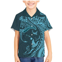 Hawaiian Manta Ray and Polynesian Tribal Tattoo Family Matching Mermaid Dress and Hawaiian Shirt Turquoise Color LT03 Son's Shirt Turquoise - Polynesian Pride