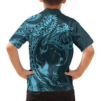 Hawaiian Manta Ray and Polynesian Tribal Tattoo Family Matching Off The Shoulder Long Sleeve Dress and Hawaiian Shirt Turquoise Color LT03 - Polynesian Pride