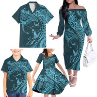 Hawaiian Manta Ray and Polynesian Tribal Tattoo Family Matching Off The Shoulder Long Sleeve Dress and Hawaiian Shirt Turquoise Color LT03 - Polynesian Pride