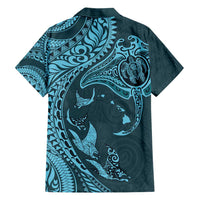 Hawaiian Manta Ray and Polynesian Tribal Tattoo Family Matching Short Sleeve Bodycon Dress and Hawaiian Shirt Turquoise Color LT03 - Polynesian Pride