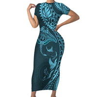 Hawaiian Manta Ray and Polynesian Tribal Tattoo Family Matching Short Sleeve Bodycon Dress and Hawaiian Shirt Turquoise Color LT03 Mom's Dress Turquoise - Polynesian Pride