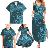 Hawaiian Manta Ray and Polynesian Tribal Tattoo Family Matching Summer Maxi Dress and Hawaiian Shirt Turquoise Color LT03 - Polynesian Pride