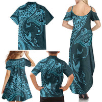 Hawaiian Manta Ray and Polynesian Tribal Tattoo Family Matching Summer Maxi Dress and Hawaiian Shirt Turquoise Color LT03 - Polynesian Pride