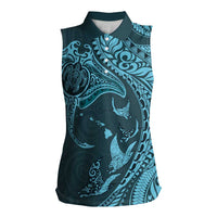 Hawaiian Manta Ray and Polynesian Tribal Tattoo Women Sleeveless Polo Shirt Turquoise Color LT03