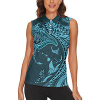 Hawaiian Manta Ray and Polynesian Tribal Tattoo Women Sleeveless Polo Shirt Turquoise Color LT03