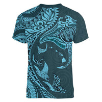 Hawaiian Manta Ray and Polynesian Tribal Tattoo Women V-Neck T-Shirt Turquoise Color LT03