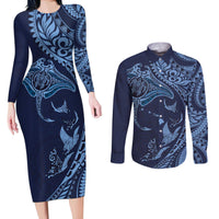 Hawaiian Manta Ray and Polynesian Tribal Tattoo Couples Matching Long Sleeve Bodycon Dress and Long Sleeve Button Shirt Dark Navy Color LT03 Dark Navy - Polynesian Pride