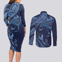 Hawaiian Manta Ray and Polynesian Tribal Tattoo Couples Matching Long Sleeve Bodycon Dress and Long Sleeve Button Shirt Dark Navy Color LT03 - Polynesian Pride