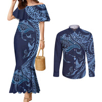 Hawaiian Manta Ray and Polynesian Tribal Tattoo Couples Matching Mermaid Dress and Long Sleeve Button Shirt Dark Navy Color LT03 Dark Navy - Polynesian Pride