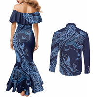 Hawaiian Manta Ray and Polynesian Tribal Tattoo Couples Matching Mermaid Dress and Long Sleeve Button Shirt Dark Navy Color LT03 - Polynesian Pride