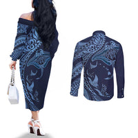 Hawaiian Manta Ray and Polynesian Tribal Tattoo Couples Matching Off The Shoulder Long Sleeve Dress and Long Sleeve Button Shirt Dark Navy Color LT03 - Polynesian Pride