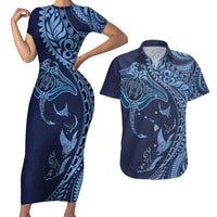 Hawaiian Manta Ray and Polynesian Tribal Tattoo Couples Matching Short Sleeve Bodycon Dress and Hawaiian Shirt Dark Navy Color LT03 Dark Navy - Polynesian Pride