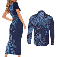 Hawaiian Manta Ray and Polynesian Tribal Tattoo Couples Matching Short Sleeve Bodycon Dress and Long Sleeve Button Shirt Dark Navy Color LT03 - Polynesian Pride