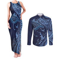 Hawaiian Manta Ray and Polynesian Tribal Tattoo Couples Matching Tank Maxi Dress and Long Sleeve Button Shirt Dark Navy Color LT03 Dark Navy - Polynesian Pride
