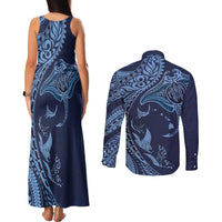 Hawaiian Manta Ray and Polynesian Tribal Tattoo Couples Matching Tank Maxi Dress and Long Sleeve Button Shirt Dark Navy Color LT03 - Polynesian Pride