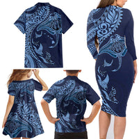 Hawaiian Manta Ray and Polynesian Tribal Tattoo Family Matching Long Sleeve Bodycon Dress and Hawaiian Shirt Dark Navy Color LT03 - Polynesian Pride