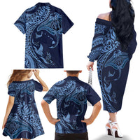 Hawaiian Manta Ray and Polynesian Tribal Tattoo Family Matching Off The Shoulder Long Sleeve Dress and Hawaiian Shirt Dark Navy Color LT03 - Polynesian Pride