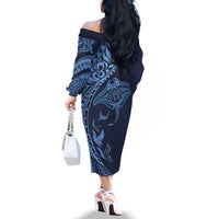 Hawaiian Manta Ray and Polynesian Tribal Tattoo Family Matching Off The Shoulder Long Sleeve Dress and Hawaiian Shirt Dark Navy Color LT03 - Polynesian Pride