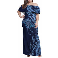 Hawaiian Manta Ray and Polynesian Tribal Tattoo Family Matching Off Shoulder Maxi Dress and Hawaiian Shirt Dark Navy Color LT03 Mom's Dress Dark Navy - Polynesian Pride