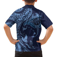 Hawaiian Manta Ray and Polynesian Tribal Tattoo Family Matching Puletasi and Hawaiian Shirt Dark Navy Color LT03 - Polynesian Pride
