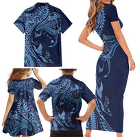 Hawaiian Manta Ray and Polynesian Tribal Tattoo Family Matching Short Sleeve Bodycon Dress and Hawaiian Shirt Dark Navy Color LT03 - Polynesian Pride