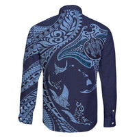 Hawaiian Manta Ray and Polynesian Tribal Tattoo Family Matching Short Sleeve Bodycon Dress and Hawaiian Shirt Dark Navy Color LT03 - Polynesian Pride
