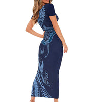 Hawaiian Manta Ray and Polynesian Tribal Tattoo Family Matching Short Sleeve Bodycon Dress and Hawaiian Shirt Dark Navy Color LT03 - Polynesian Pride