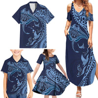 Hawaiian Manta Ray and Polynesian Tribal Tattoo Family Matching Summer Maxi Dress and Hawaiian Shirt Dark Navy Color LT03 - Polynesian Pride
